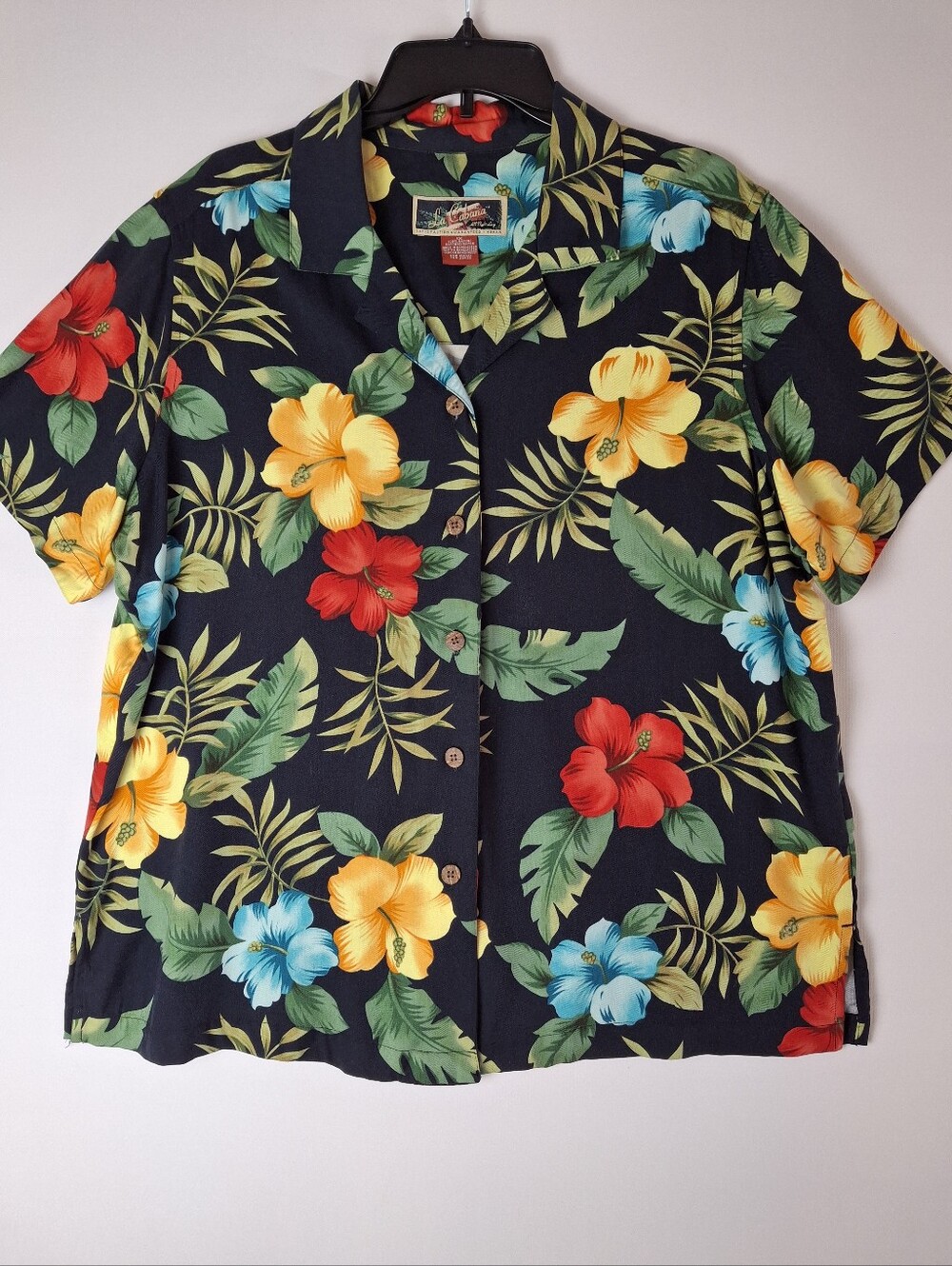La Cabana Womens Black Tropical Hawaiian Floral Multicol Button-Up Shirt Size 1X